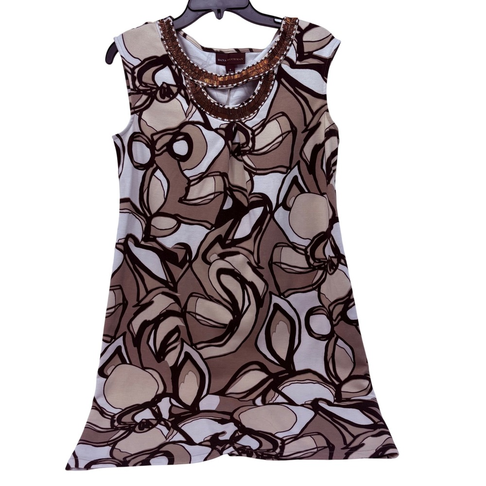 Dana Buchman Womens Brown Abstract Floral Beaded Neck Shift Dress Size 6